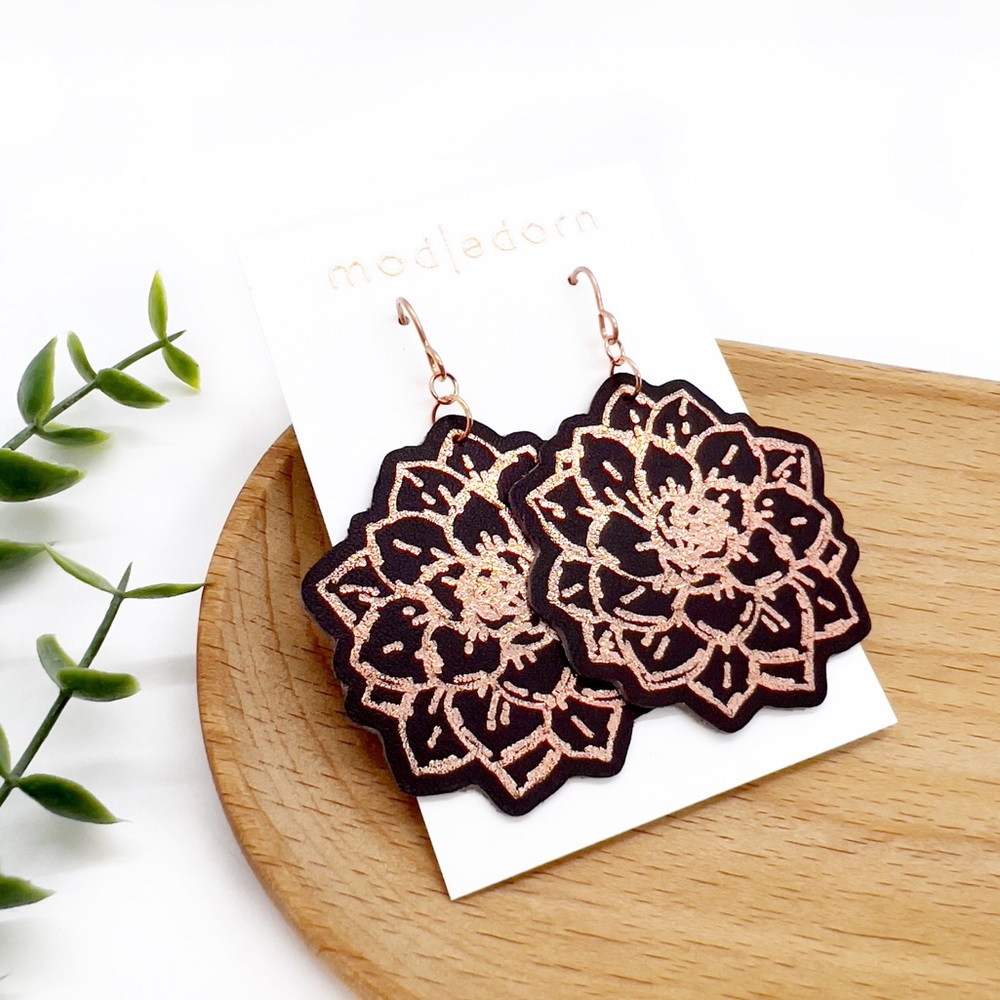 Large Rose Gold Foil Lightweight Flower Dangle Earrings Dark Brown Leather